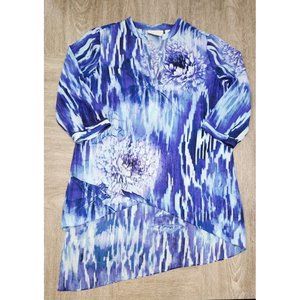 Chicos Womens Tunic Top Blue Purple Floral 3/4 Sleeve Hi-Low Sequin Size 1